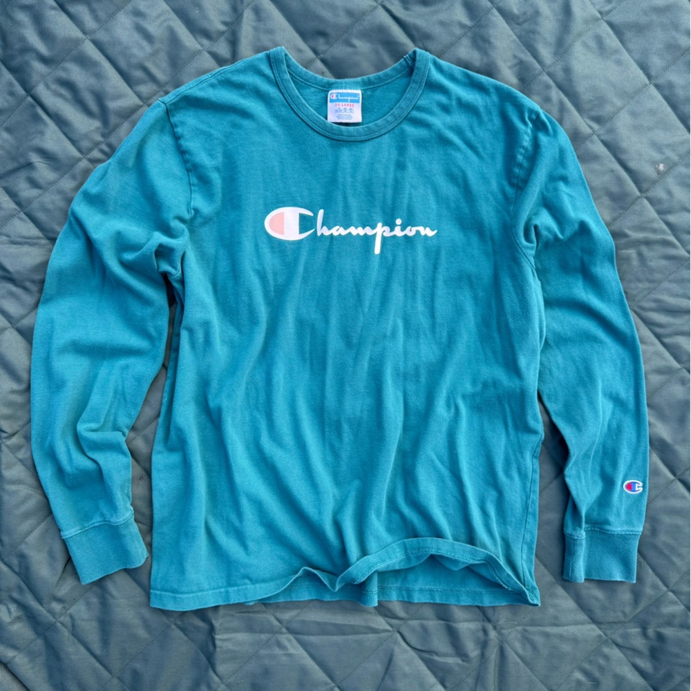 Champion Mens Teal Heavy Weight Jersey Long Sleeve Tee